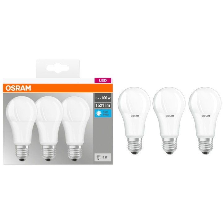 Set 3 becuri LED Osram Base Classic A100, E27, 13W (100W), 1521 lm, lumina neutra (4000K), clasa energetica F