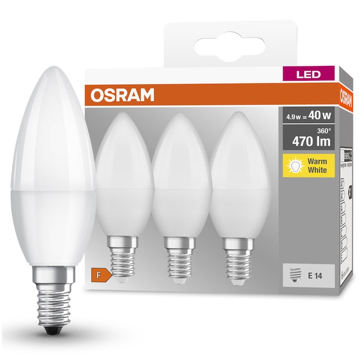 Set 3 becuri LED Osram Base Classic B40, E14, 4.9 W (40W), 470 lm, lumina calda (2700K), clasa energetica F