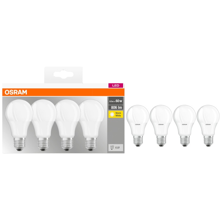 Set 4 becuri LED Osram Base Classic A60, E27, 8.5W (60W), 806 lm, lumina calda (2700K), clasa energetica F