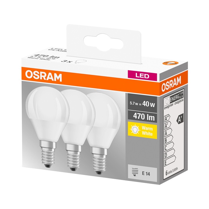 Комплект от 3 крушки LED Osram P40, E14, 5.7W (40W), 470 лумена, Матова, Топла светлина
