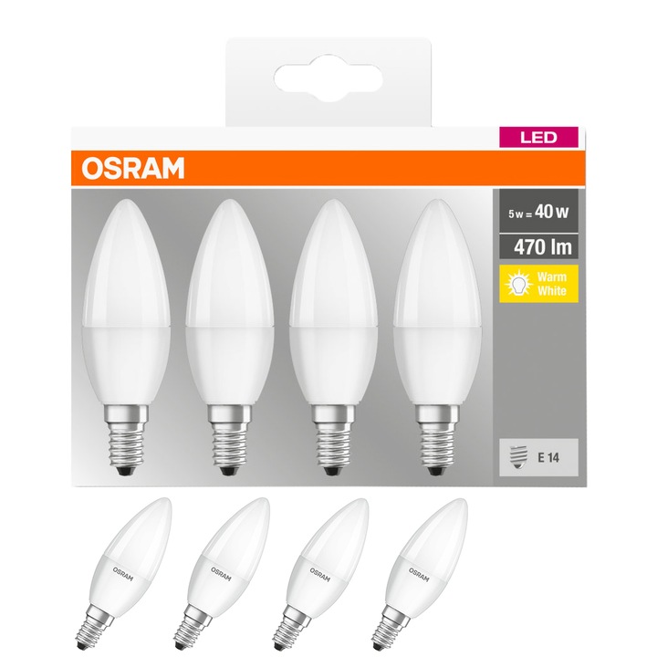 Комплект 4 LED крушки Osram Base, B40, E14, 4.9W (40W), 470 лумена, Топла светлина (2700K), Енергиен клас F