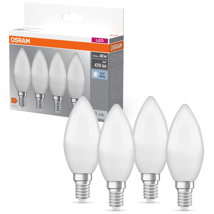 Комплект крушки LED Osram B40, E14, 5W (40W), 470 lm, Матови, 4 бр, Неутрална светлина (4000K), Енергиен клас F