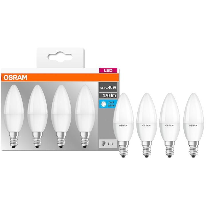 Set 4 becuri LED Osram Base Classic B40, E14, 5.5W (40W), 470 lm, lumina neutra (4000K), clasa energetica F