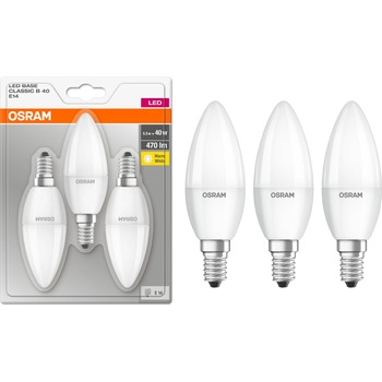 Set 3 becuri LED Osram B40, E14, 5.5W (40W), 470 lm, mat, lumina calda Set 3 becuri LED Osram B40, E14, 5.5W (40W), 470 lm, mat, lumina calda