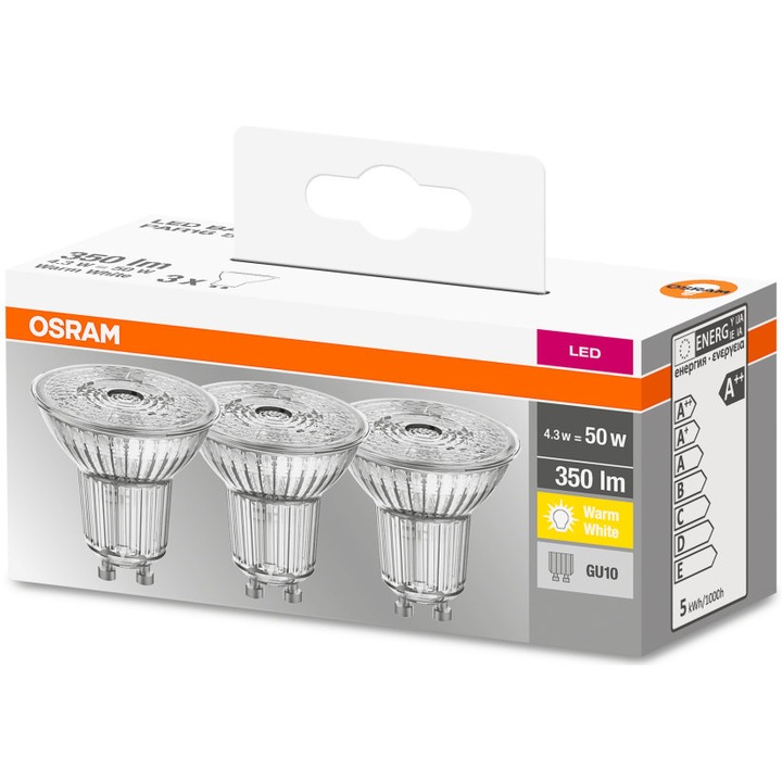 Osram Base PAR16 műanyag ház, 4,3W, 350lm, 2700K, GU10, dobozos LED spot izzó 3 db