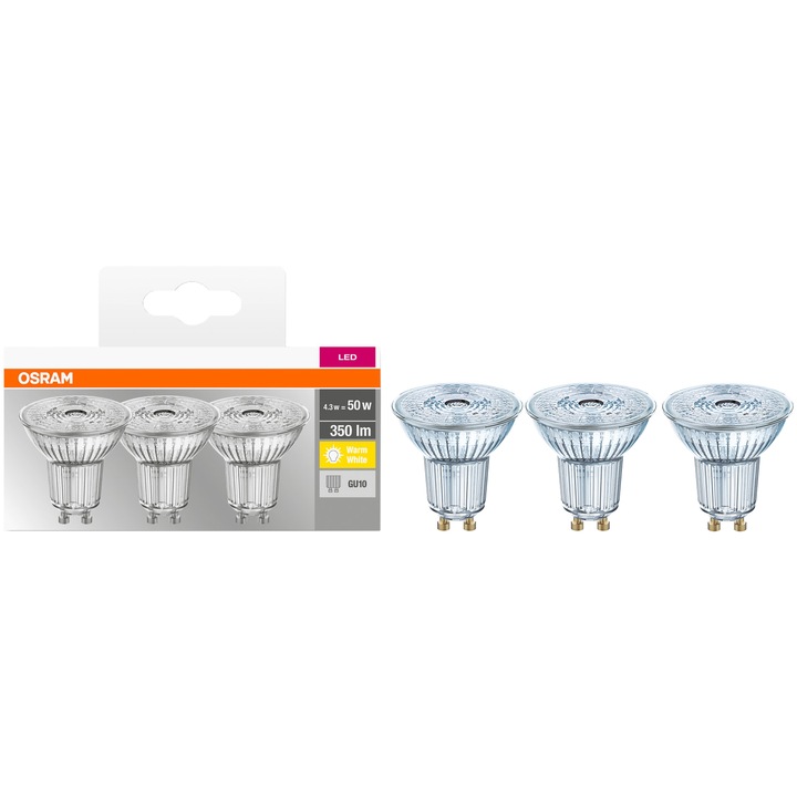 Set 3 becuri LED Osram Base Par16 50, GU10, 4.3W (50W), 350 lm, lumina calda (2700K), clasa energetica F