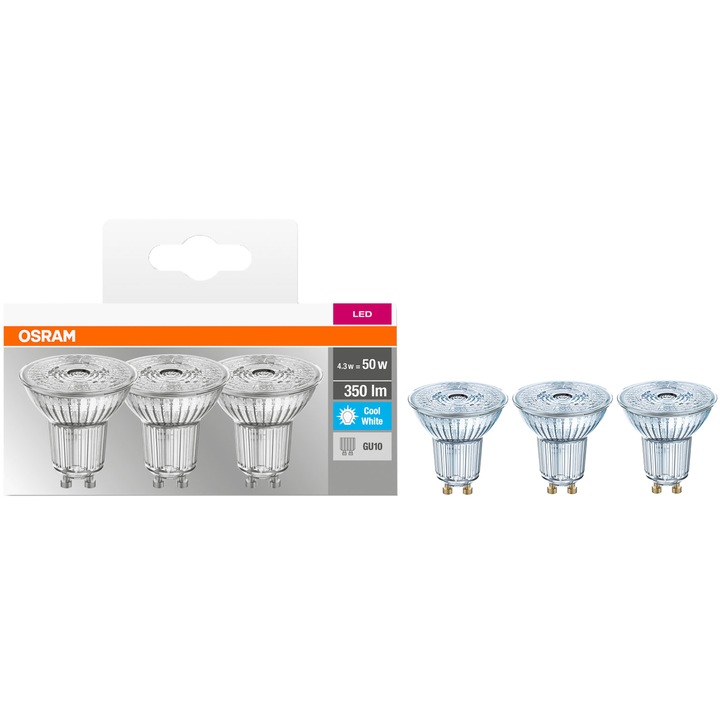 Set 3 becuri LED Osram Base Par16 50, GU10, 4.3W (50W), 350 lm, temperatura lumina (4000K), clasa energetica F