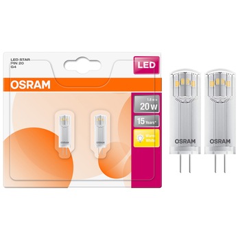 Set 2 becuri LED Osram Pin CL20, G4, 1.8W (20W), 200 lm, lumina calda Set 2 becuri LED Osram Pin CL20, G4, 1.8W (20W), 200 lm, lumina calda