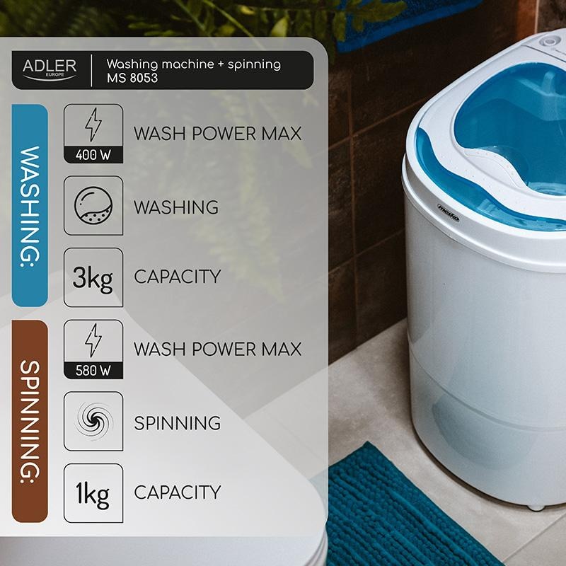 Masina de spalat rufe semiautomata portabila MESKO MS 8053, 580 wati, alb