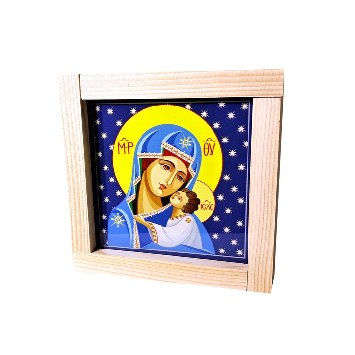 Cadou dama, Regalo - Tablou luminos Maica Domnului cu Pruncul, albastru stelar,12,5