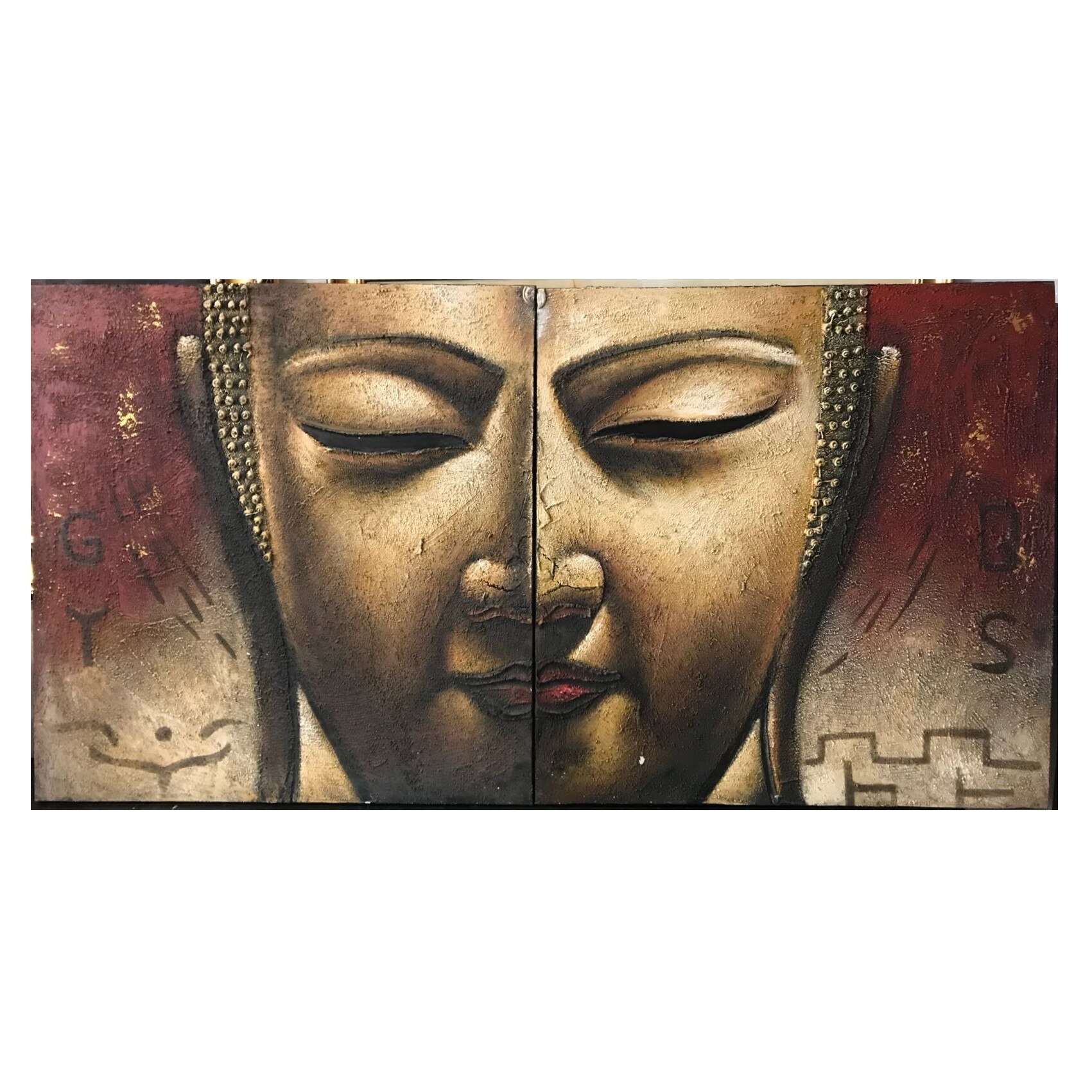 Budah, tablou set 2 paneluri, Tablou abstract pictat in cutit, pictura moderna contemporana, tablou decorativ. Pictura in ulei pe panza, tablou fara rama decorativa 79x160 cm