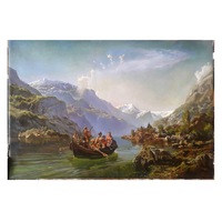 Tablou pictat manual. Tablou reproducere celebra. Picturi celebre faimoase, picturi celebre, tablouri pictate, tablouri reproduceri, Peisaj de vara, tablou cu Lac intre munti, pictura fara rama decorativa Pictura in ulei pe panza 66x46 cm