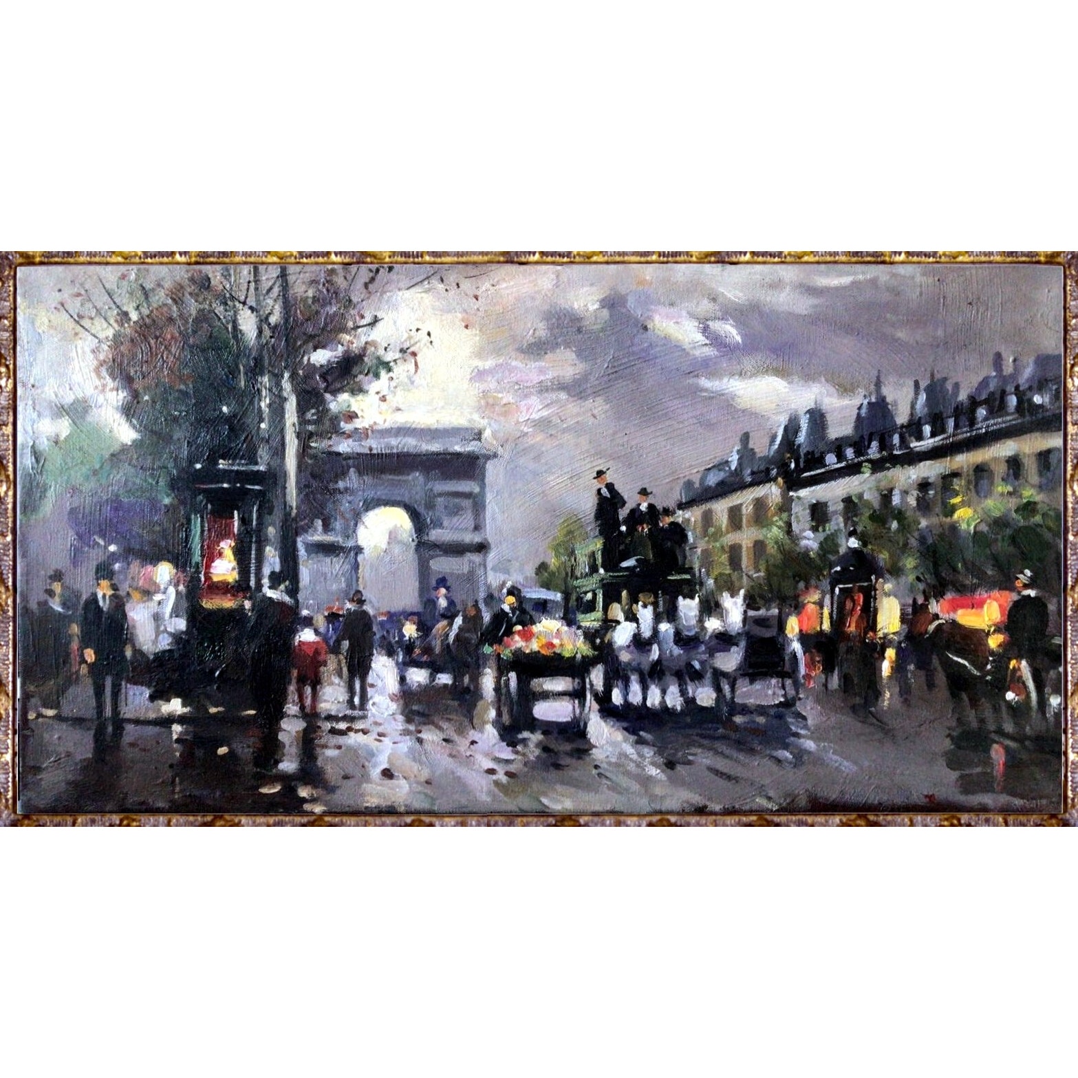 Arc Triumf, tablou cu peisaj urban, Tablou abstract pictat in cutit, pictura moderna contemporana, tablou decorativ. Tablou neinramat, Pictura in ulei pe panza, 29x55 cm