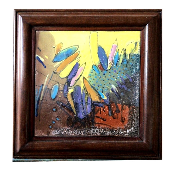 Flori, tablou ceramica Tablou inramat Ceramica pictatam pictura cu flori, tablou pictat si lacuit, tablou decorativ lut 29x28 cm