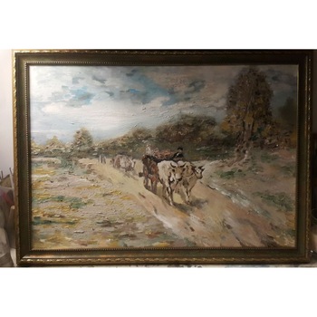 Tablou pictat manual Car boi peisaj de toamna 65x45 cm Tablou pictat manual Car boi peisaj de toamna 65x45 cm