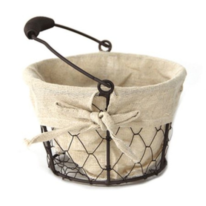 Cos rotund RAKI servire paine din metal cu manere lemn si panza textil 22x21xh14cm