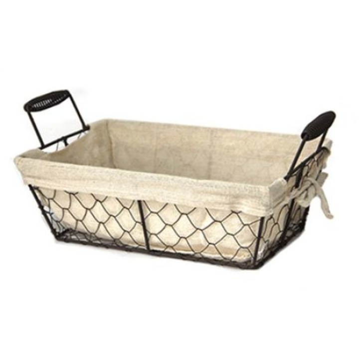 Cos dreptunghiular RAKI servire paine din metal cu manere lemn si panza textil 30x15xh13cm