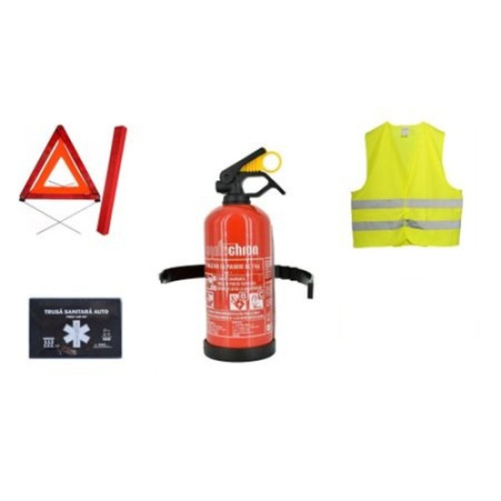 Автомобилен предпазен комплект - - медицински комплект, триъгълник, пожарогасител, жилетка