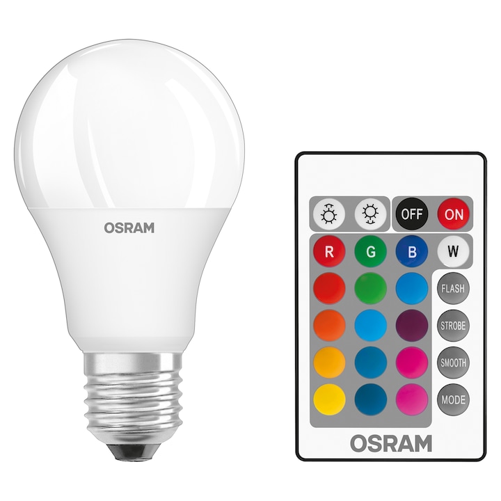 Bec LED RGB Osram A60, cu telecomanda, E27, 9W (60W), 806 lm