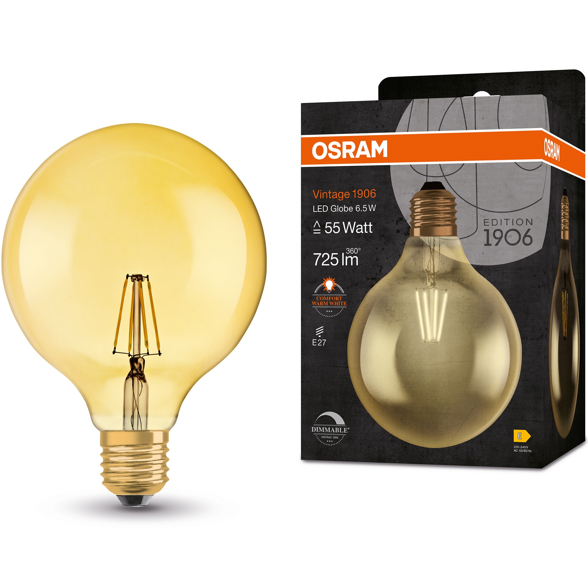 Bec LED OSRAM Vintage (decorativ) 1906 Globe, dimabil, E27, 6.5W (55W), lumina calda (2400K), 725 lumeni, clasa energetica E