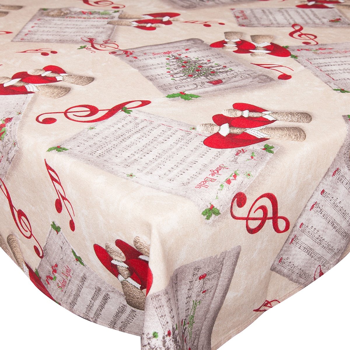 Fata de masa Craciun, BonDia, Model Holy Night 101, 140 cm x 300 cm, Bej/Rosu, Ingeri/Brad/Note muzicale