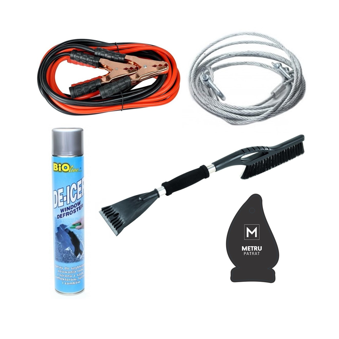 Pachet auto de iarna: Perie si curatator de gheata ( tip racleta 2 in 1 ), soft grip + cabluri curent baterie 200 A + cablu carcina otel 2 Tone ( sufa / stanga / chinga / kinga ) + spray 750 ml pentru dezghetare parbriz + odorizant Metru Patrat CADOU