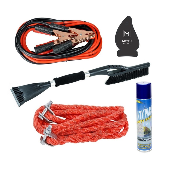 Pachet auto de iarna : Perie si curatator gheata, soft grip + cabluri curent baterie 400 A + franghie tractare 3,5 tone, 4 metri ( sufa / chinga ) + spray 300 ml pentru dezaburire parbriz + odorizant Metru Patrat CADOU