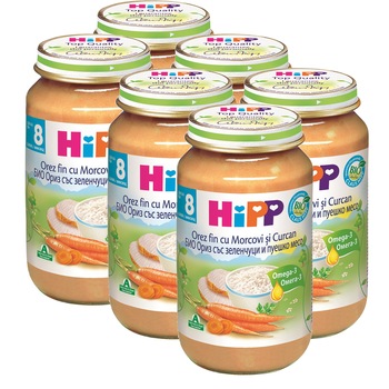 Pachet Meniu HIPP, Curcan cu orez si morcov, 220 g, de la 8 luni, 6 buc Pachet Meniu HIPP, Curcan cu orez si morcov, 220 g, de la 8 luni, 6 buc