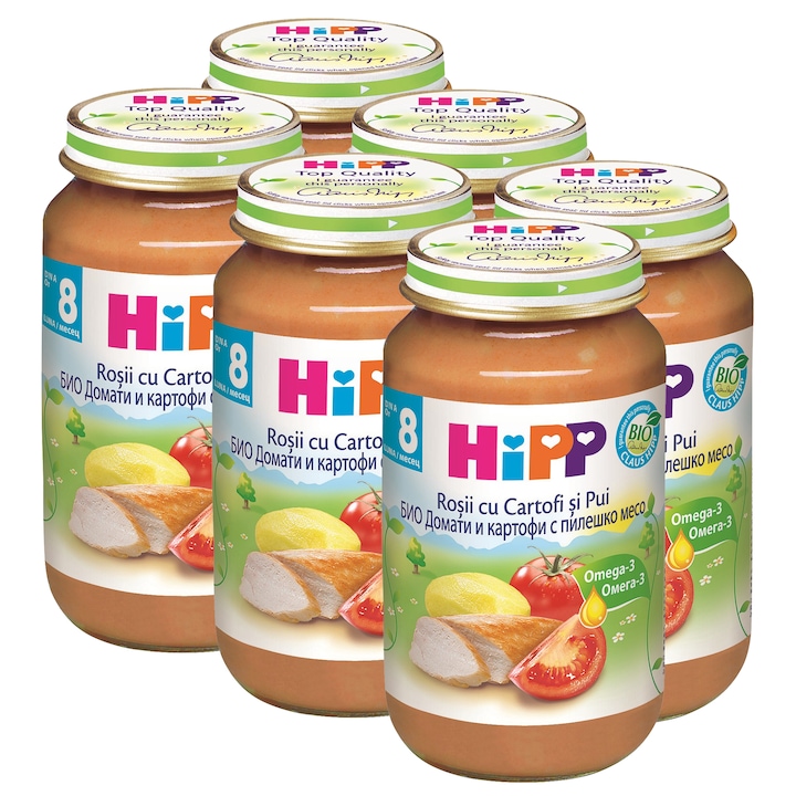 Опаковка от 6 броя пюрета HIPP БИО Домати и картофи с пилешко месо, 220 гр, от 8 месец