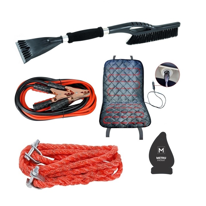 Pachet auto de iarna: Cabluri curent baterie 200 A + Husa auto cu incalzire 12V neagra + Perie si curatator gheata, 50cm, Soft grip + Franghie tractare 3,5 tone, 4 metri (sufa,chinga) + Odorizant Metru Patrat CADOU