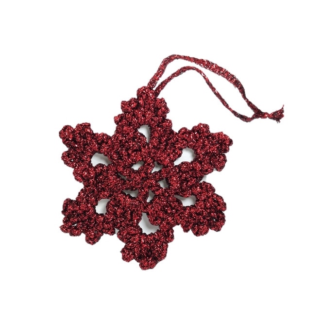 Decoratiune Craciun, Fulg de zapada, Handmade, Crosetat, Rosu, 8 x 8 cm