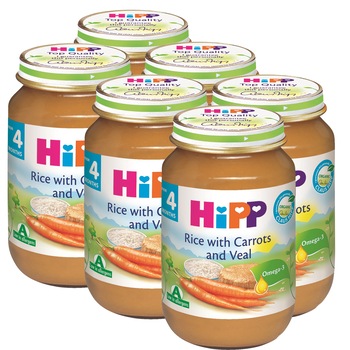 Pachet Meniu HIPP, Vitel cu orez si morcov, 190 g, de la 4 luni, 6 buc Pachet Meniu HIPP, Vitel cu orez si morcov, 190 g, de la 4 luni, 6 buc