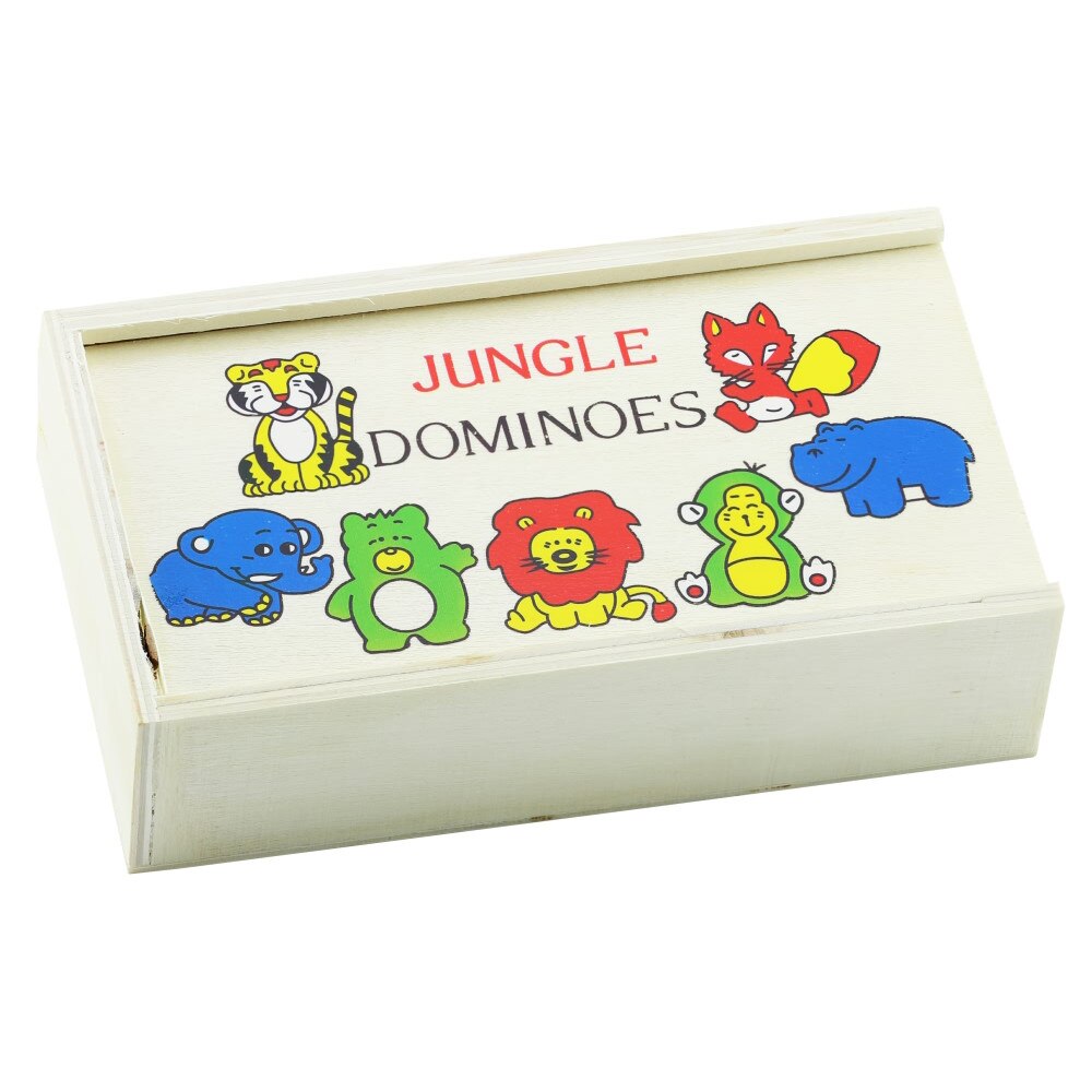 Domino animale jungla, 28 piese in cutie lemn, instructiuni in lb romana