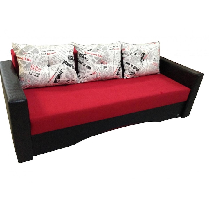 Canapea extensibila Eco, MobAmbient, Rosu/ Negru, material textil, extensie din plasa de arcuri tip relaxa, cu lada de depozitare, 3 perne mari incluse, 220 x 140 cm