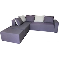 Coltar extensibil Alex, MobAmbient, Mov, material textil, extensie 140 cm din plasa de arcuri tip relaxa, 1 lada de depozitare, 5 perne mari si taburet incluse, 260x180 cm, Mov