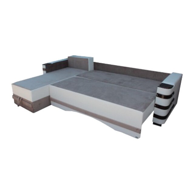 Coltar extensibil Lara, MobAmbient, Maro deschis cafeniu, material textil si imitatie de piele, extensie 140 cm din plasa de arcuri tip relaxa, 2 lazi de depozitare, 4 perne mari incluse, 290x180 cm