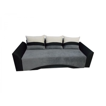Canapea extensibila Venetia, MobAmbient, Gri cu Negru, material textil, extensie din plasa de arcuri tip relaxa, cu lada de depozitare, 3 perne incluse, 230 x 140 cm Canapea extensibila Venetia, MobAmbient, Gri cu Negru, material textil, extensie din plasa de arcuri tip relaxa, cu lada de depozitare, 3 perne incluse, 230 x 140 cm