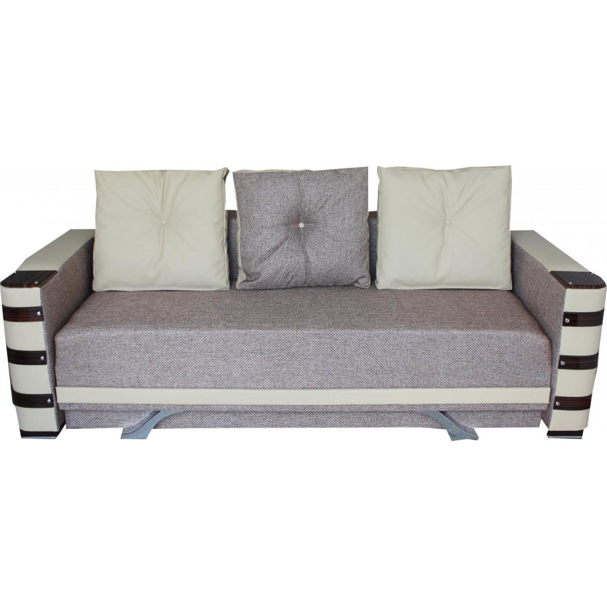 Canapea extensibila Lara, MobAmbient, Maro deschis cafeniu cu Crem, material textil si imitatie de piele, extensie 140 cm din plasa de arcuri tip relaxa, cu lada de depozitare, 3 perne incluse, 230 x 140 cm