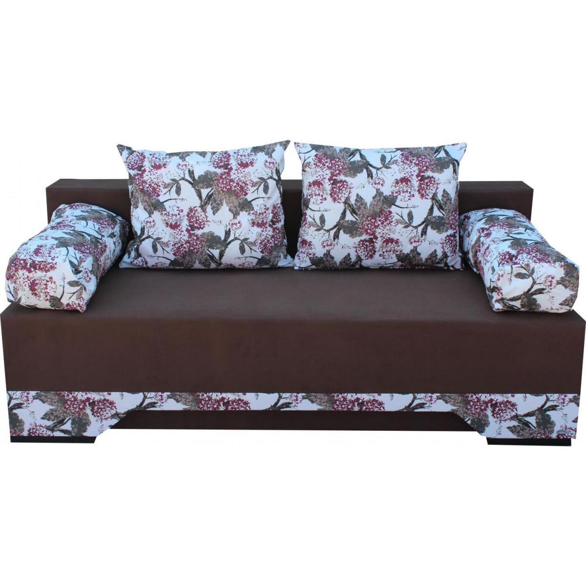 Canapea extensibila Cory, MobAmbient, Maro, material textil, extensie din plasa de arcuri tip relaxa, lada de depozitare, 2 perne mari si cotiere incluse, 190 x 140 cm