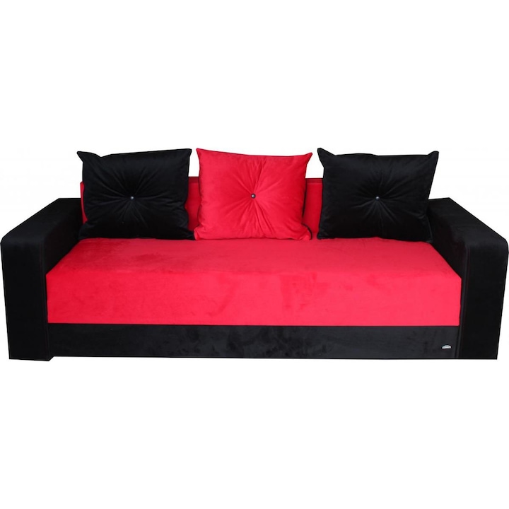 Canapea extensibila Ionut, MobAmbient, Rosu cu Negru, material textil si imitatie de piele, extensie din plasa de arcuri tip relaxa, lada de depozitare, 3 perne mari incluse, 230 x 140 cm