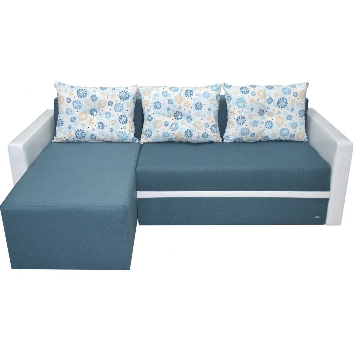 Coltar extensibil Eco, MobAmbient, Albastru, material textil si imitatie de piele, extensie 140 cm din plasa de arcuri tip relaxa, 1 lada de depozitare, 3 perne mari incluse, 220 x 140 cm