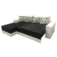 Coltar extensibil Aida, MobAmbient, Negru cu Alb, imitatie de piele, extensie 140 cm din plasa de arcuri tip relaxa, 1 lada de depozitare, 4 perne mari incluse, 260 x 180 cm
