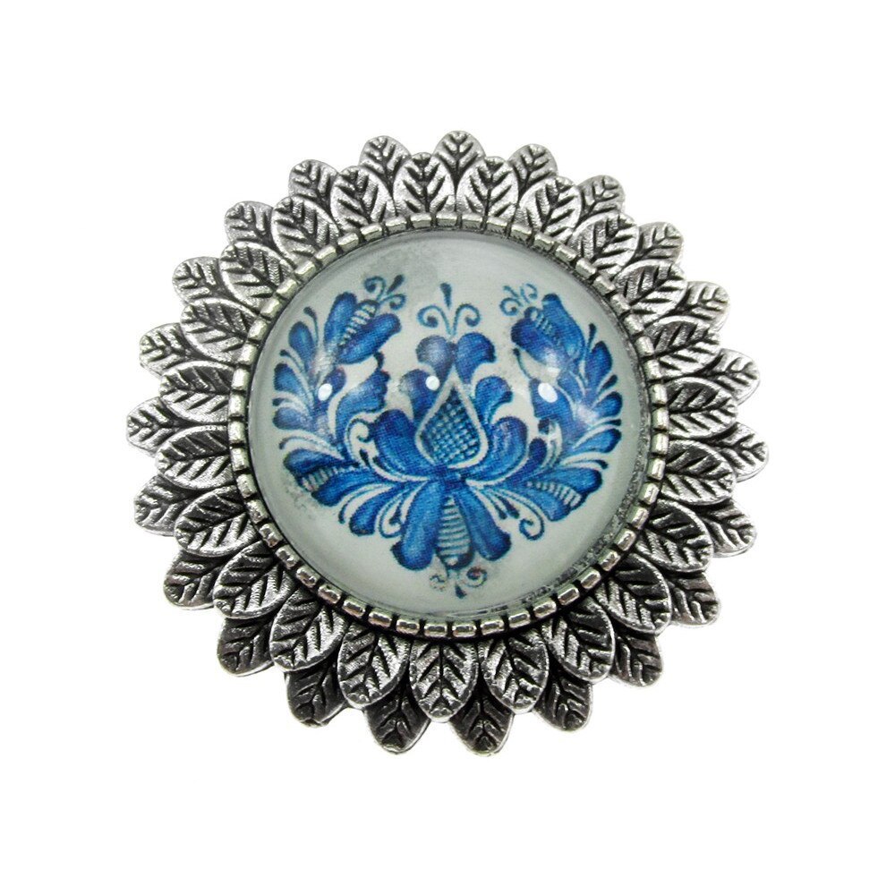 Brosa argintiu antic cu model folcloric, GlamBazaar, 3.3 cm, cu Fara pietre, Albastru, tip Brosa handmade