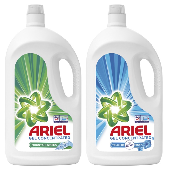 Pachet promo detergent lichid ARIEL: Mountain Spring, 60 spalari, 3.3L + Touch of Lenor, 60 spalari, 3.3L