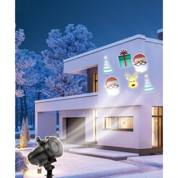 Instalatie Craciun IDL Laser Shower pentru iluminarea casei ce include 6 filme cu 4 modele diferite ce au proiectie multicolora, Model rotativ cu 4 surse de tip LED cu 8 ore de functionare