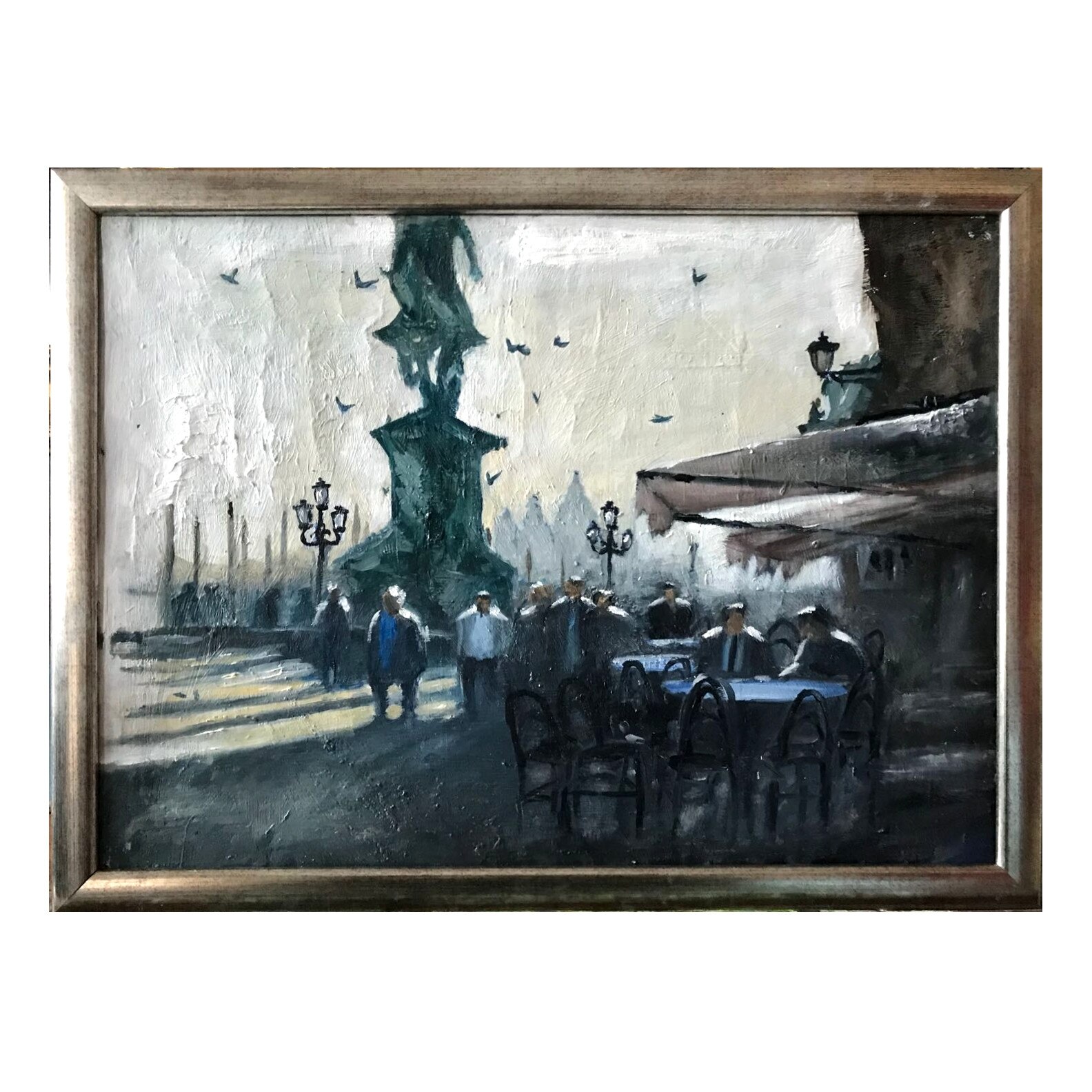 Cafenea langa statuie, tablou original cu peisaj urban, Tablou abstract, pictura moderna contemporana, tablou decorativ. Tablou inramat Pictura in ulei pe panza, 51x38 cm
