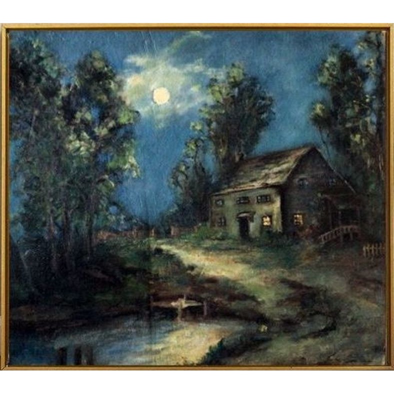Peisaj nocturn, tablou cu peisaj Rural, pictura cu padure Pictura in ulei pe carton panzat 41x36 cm