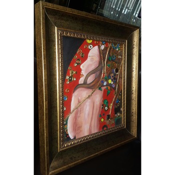 Portret inspiratie Klimt, tablou abstract,pictura moderna contemporana, tablou decorativ. Tablou inramat Pictura in ulei pe panza, foita aur si insertii bijuteri 46x52cm Portret inspiratie Klimt, tablou abstract,pictura moderna contemporana, tablou decorativ. Tablou inramat Pictura in ulei pe panza, foita aur si insertii bijuteri 46x52cm