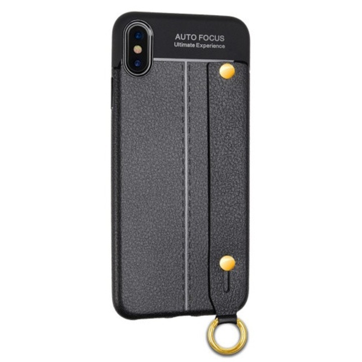 Hátlapvédő telefontok gumi / szilikon (közepesen ütésálló, bőrhatás, varrás minta, kézi tartópánt) Fekete [Apple iPhone XS Max 6.5]