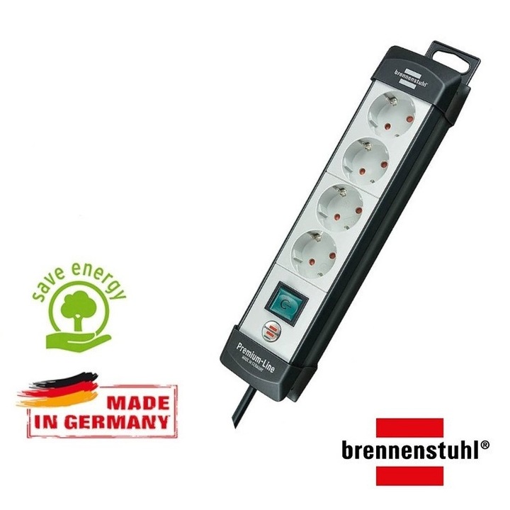 Разклонител Brennenstuhl Premium-Line, 4x1.8m, с ключ, Черен/Сив